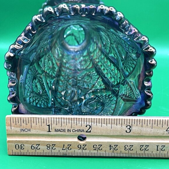 Vintage 1950s Imperial Carnival Glass Daisy Button Green Flared Vase Crimped Rim - Picture 9 of 16